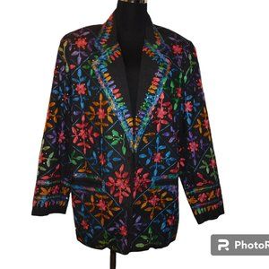 Sandy Starkman Vintage Embroidered Blazer Jacket Size Large Floral